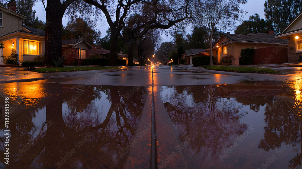 Fototapeta premium Wet street at night, reflecting houses and trees.