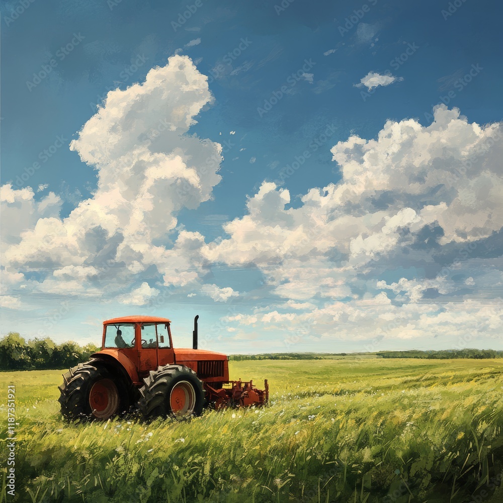 Obraz premium Tractor in the field with blue sky and clouds. Vector illustration.