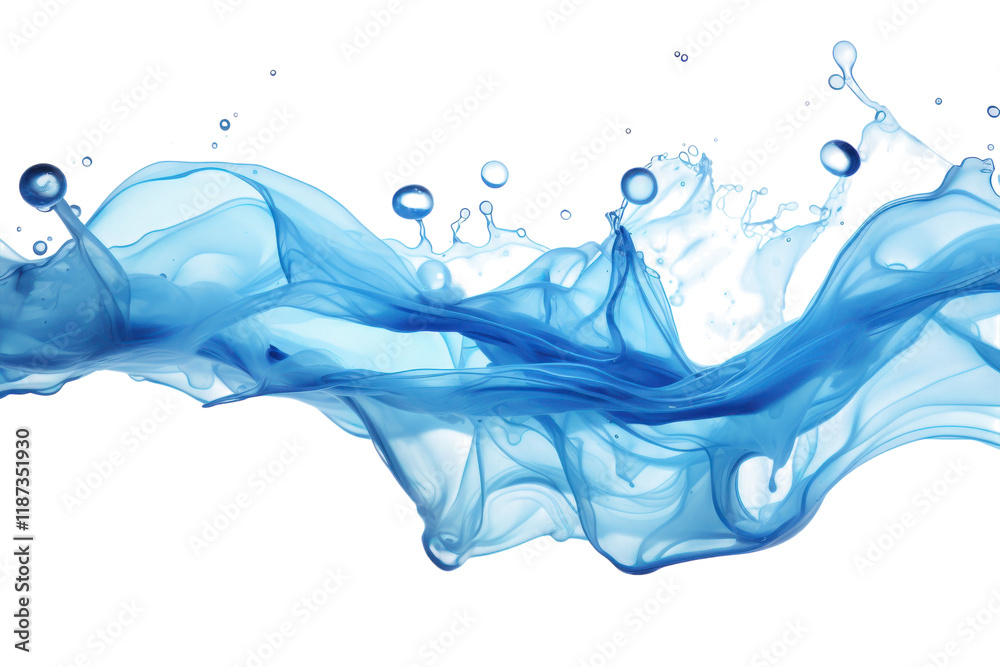 Flowing blue water with splashes and bubbles captured in motion on a light background for artistic effect Flowing blue water with splashes and bubbles captured in motion on a light background for artistic effect