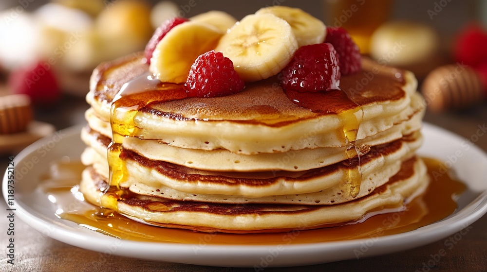 Delicious pancakes topped with raspberries, banana slices, and maple syrup. Delicious pancakes topped with raspberries, banana slices, and maple syrup.
