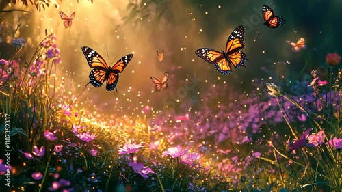 Field of flowers with a group of butterflies flying around. The butterflies are orange and white