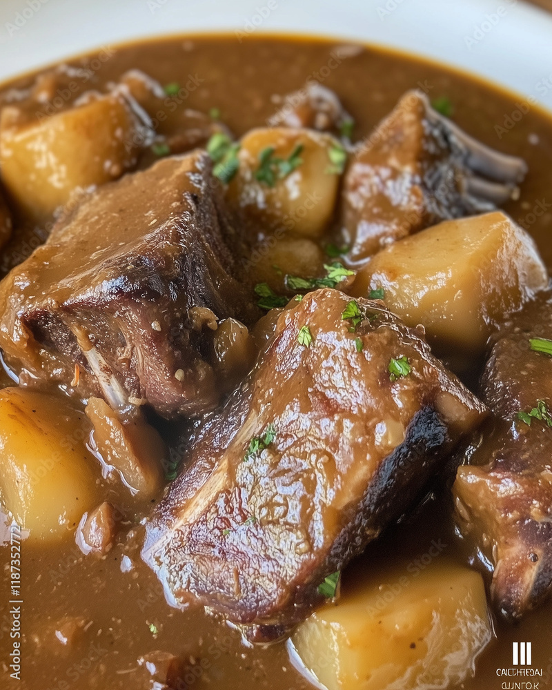 Savory beef stew with potatoes in rich gravy Savory beef stew with potatoes in rich gravy