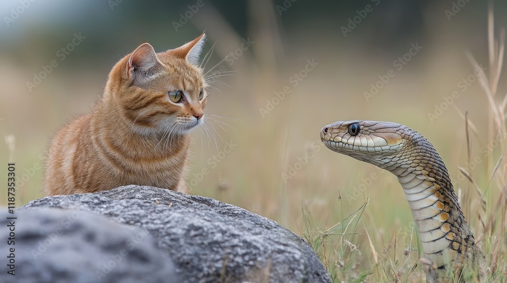 Fototapeta premium Ginger kitten faces snake; intense stare.