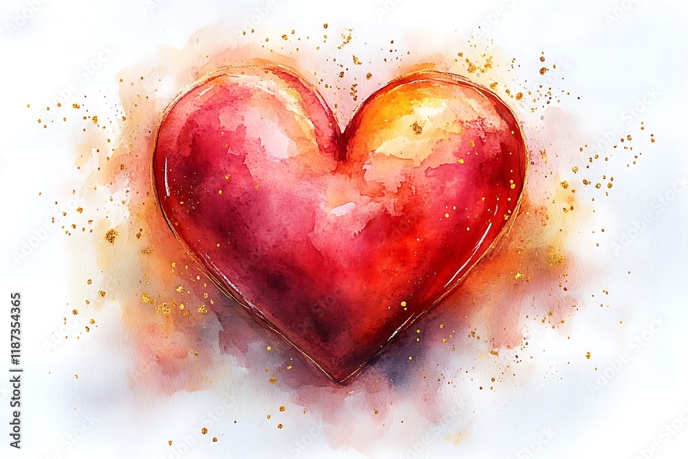 Watercolor painting of a red heart with gold glitter on white background Watercolor painting of a red heart with gold glitter on white background