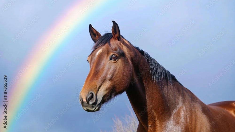 Fototapeta premium A stunning horse poses gracefully against a backdrop of a bright rainbow. The scene reflects a beautiful day with clear skies, showcasing the natural beauty of the landscape and animal
