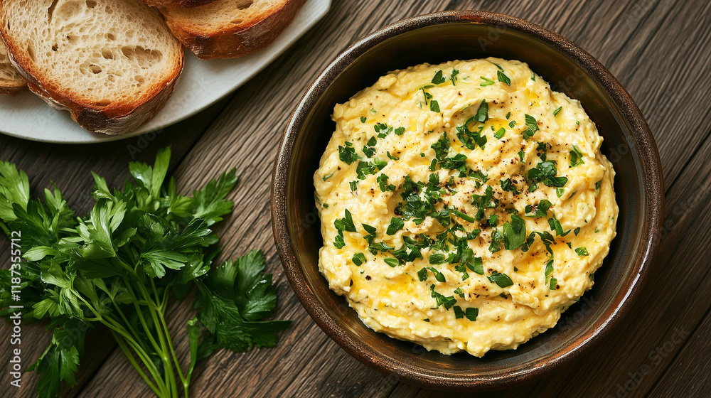 Creamy dip with herbs and bread slices on wooden background Creamy dip with herbs and bread slices on wooden background