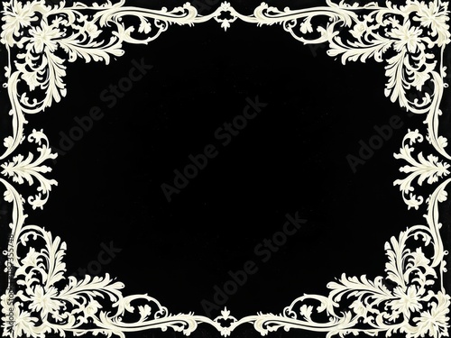 Ornate floral frame on black background, elegant white intricate design, classic decorative border theme