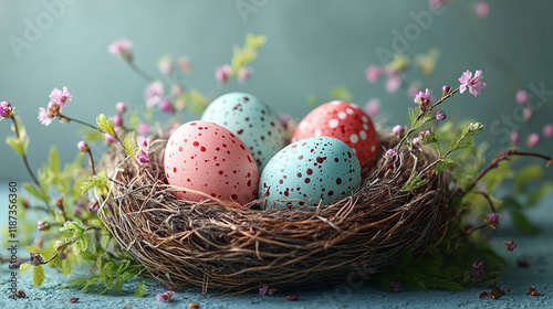 Festive arrangement of colorful Easter eggs in a detailed close-up shot photo