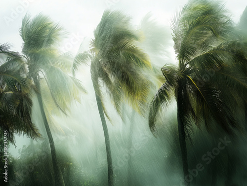 Misty Palm Trees Blowing in Strong Winds