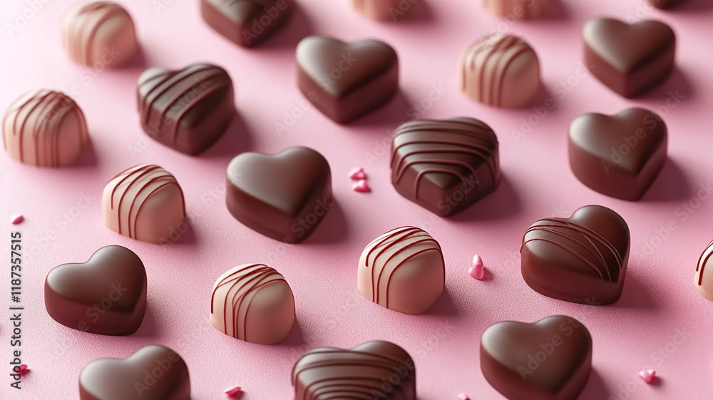Fototapeta premium Pink background with chocolate hearts. Mother's Day, wedding, valentine's Day.
