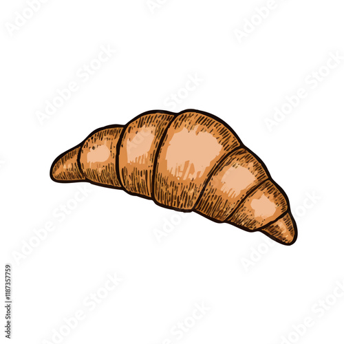 A hand-drawn cartoon-style illustration of a classic French croissant. Flaky, golden-brown pastry with curved edges, isolated on a white background