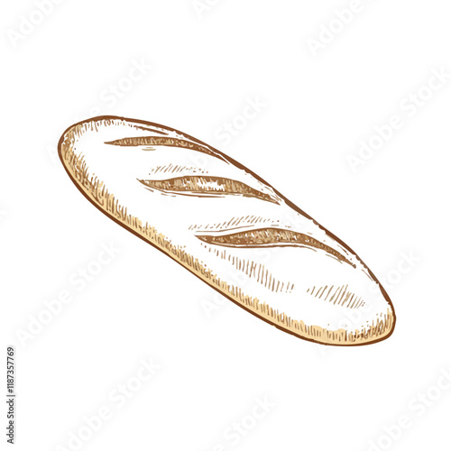 Loaf of bread vector illustration in a hand-drawn style. Rustic cartoon design of fresh bread with a crust, isolated on a white background