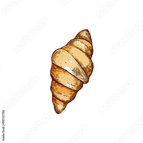 A hand-drawn cartoon-style illustration of a classic French croissant. Flaky, golden-brown pastry with curved edges, isolated on a white background