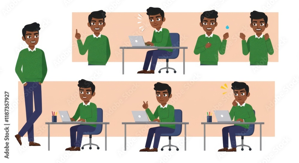 Fototapeta premium Animated character in green sweater with diverse expressions working at desk