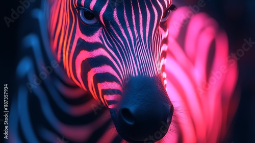 Dramatic close-up zebra stripes under neon illumination photos