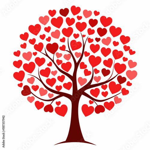 A tree is depicted with branches forming a multitude of heart shapes in various shades of red and pink