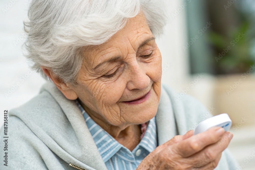 Elderly woman using smartphone with a gentle smile at home Elderly woman using smartphone with a gentle smile at home