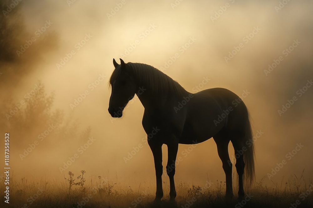 A majestic horse stands in silhouette against a backdrop of dense fog during early morning hours. The serene atmosphere creates a tranquil and mystical setting A majestic horse stands in silhouette against a backdrop of dense fog during early morning hours. The serene atmosphere creates a tranquil and mystical setting