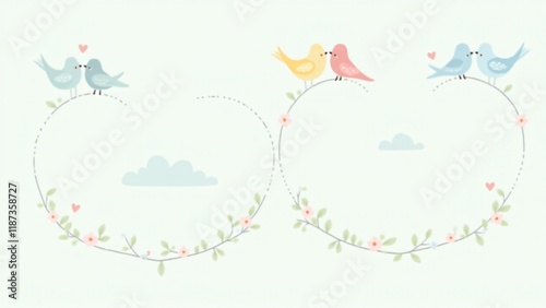 Lovebirds in pastel hues forming heart shapes with their wings on a soft blue background. A whimsical and romantic Valentine’s Day pattern.