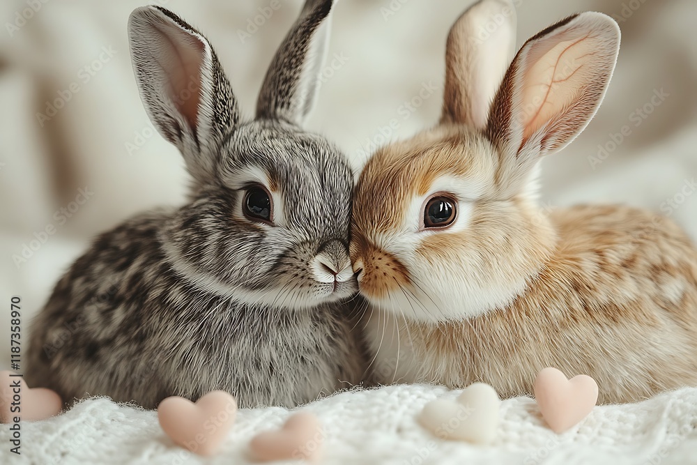 Obraz premium Two adorable rabbits cuddling together on a soft blanket with hearts.