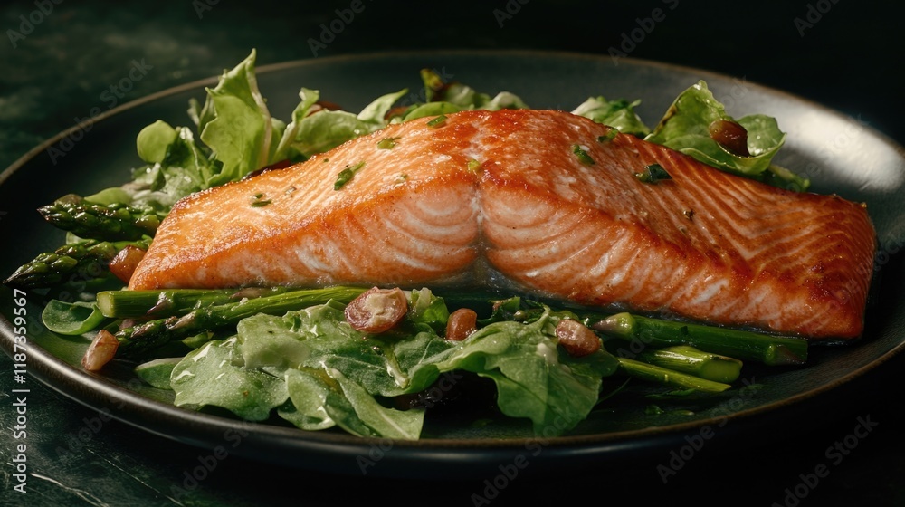 Plate of food with a piece of salmon and asparagus. The salmon is cut in half and the asparagus is on the side Plate of food with a piece of salmon and asparagus. The salmon is cut in half and the asparagus is on the side