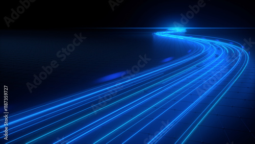 Road going into the distance with neon abstract lines moving along the road - 3D Illustration