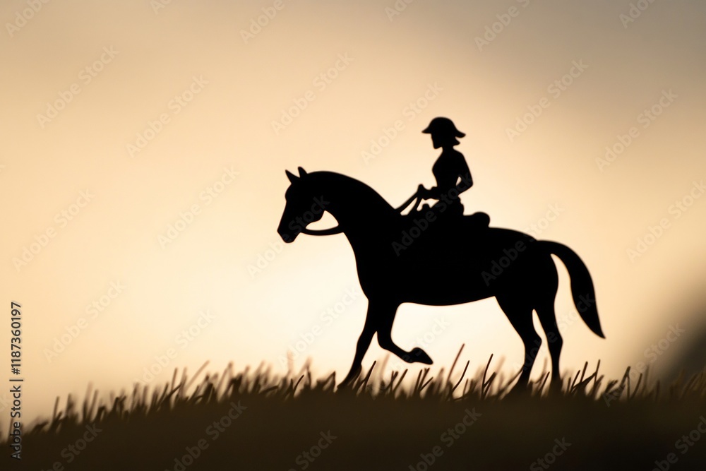 Naklejka premium A solitary rider gracefully sits atop a horse as they traverse a gentle hill. The sunset casts a warm glow, creating a striking silhouette in a serene landscape
