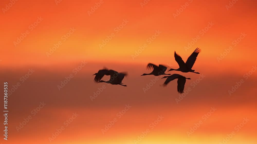silhouette of a group of bird fly in beautiful sunset cloud 