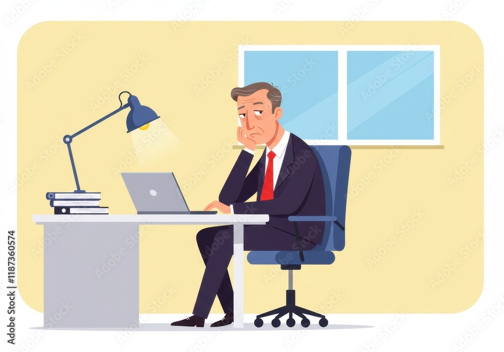 Frustrated businessman at desk with laptop in office setting Frustrated businessman at desk with laptop in office setting