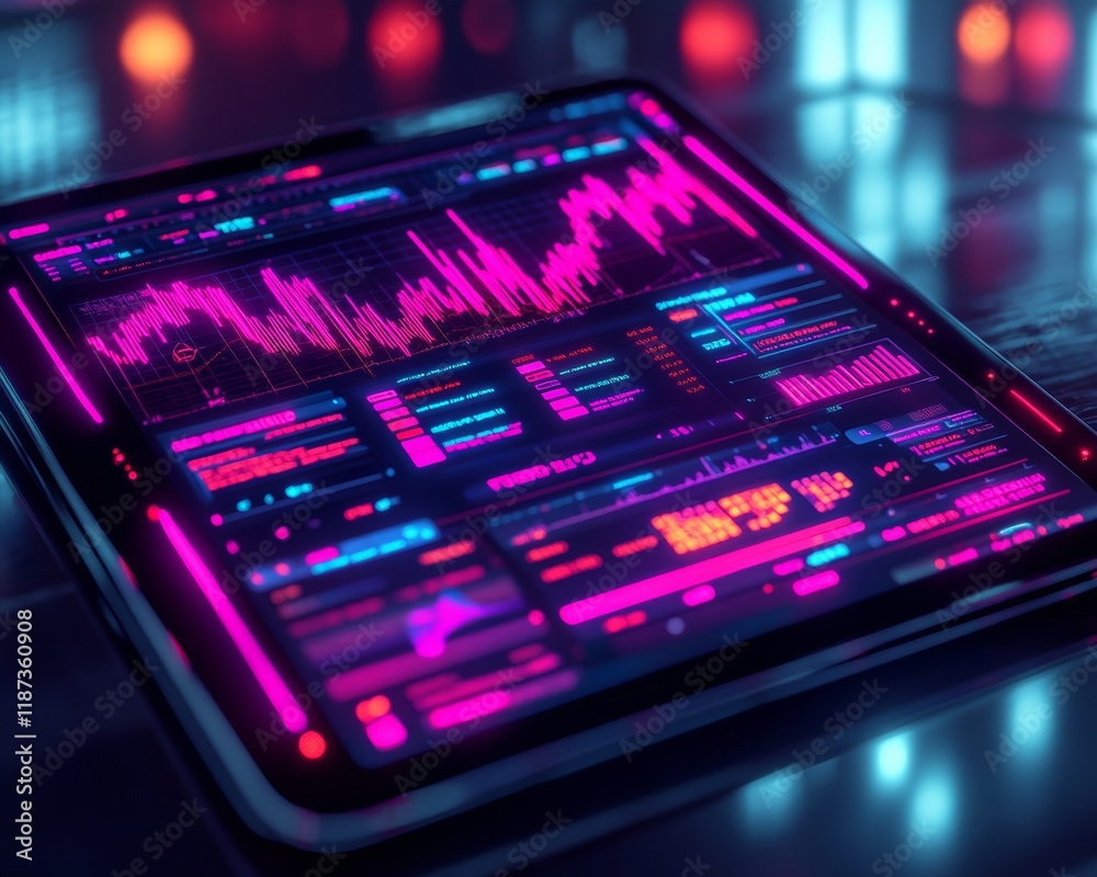 Obraz premium Neon Financial Insights on Tablet Modern Digital Finance and Investment Visualization