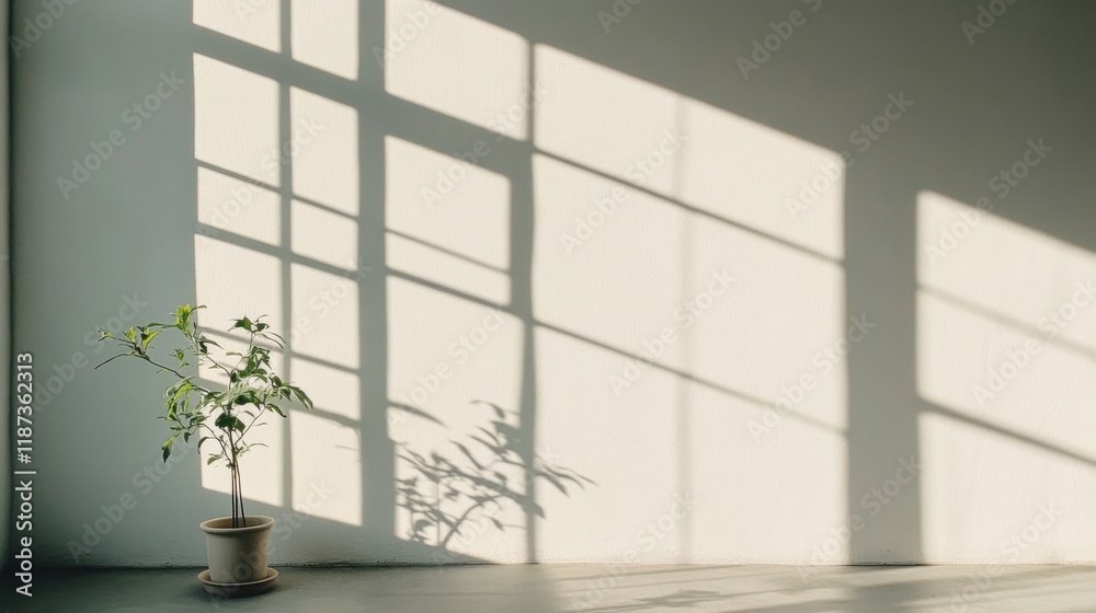 Sunlight casts window shadows on a wall with a small plant.