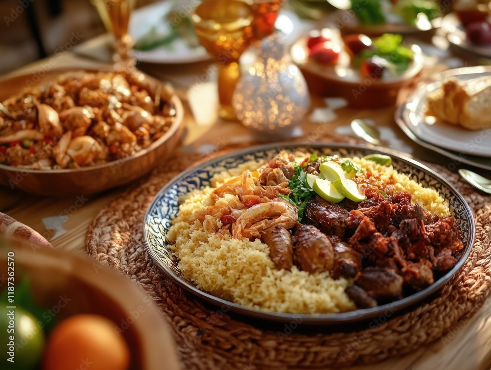 Table with a variety of food, including a large plate of meat and rice. The table is set with plates, bowls, and utensils, and there are several bottles and cups on the table Table with a variety of food, including a large plate of meat and rice. The table is set with plates, bowls, and utensils, and there are several bottles and cups on the table