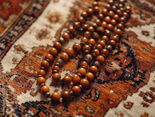 Necklace made of wooden beads is laying on a rug. The beads are of different sizes and colors, and the necklace is long and thin. The rug is a deep orange color photo