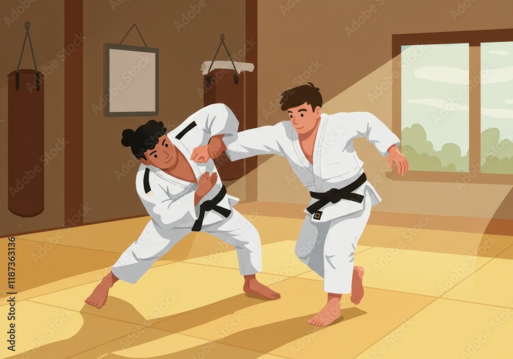 Two judo practitioners sparring in a sunlit dojo Two judo practitioners sparring in a sunlit dojo