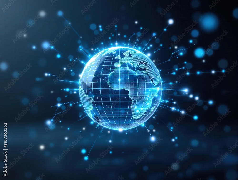 Obraz premium Futuristic digital globe with earth connectivity and data network visualization