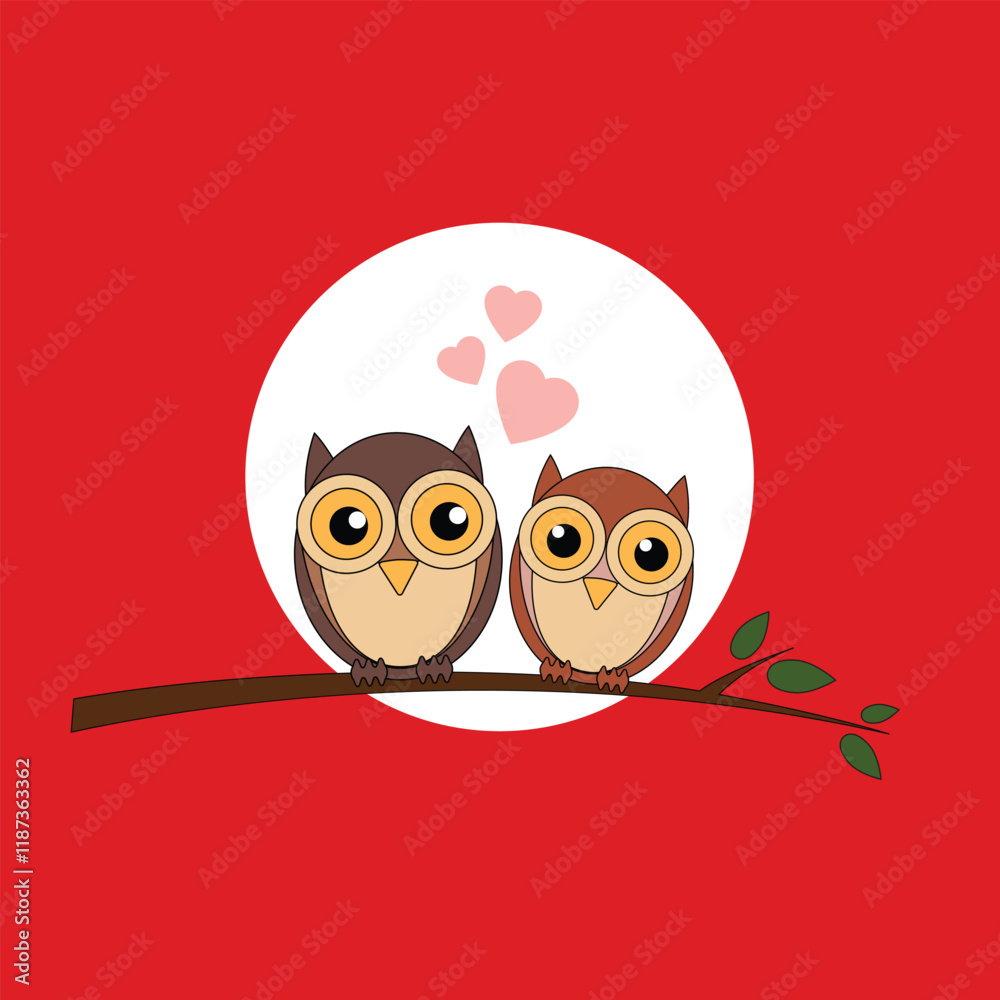 Be My Valentine! Valentine's Day card with cute flat owls. Vector illustration.