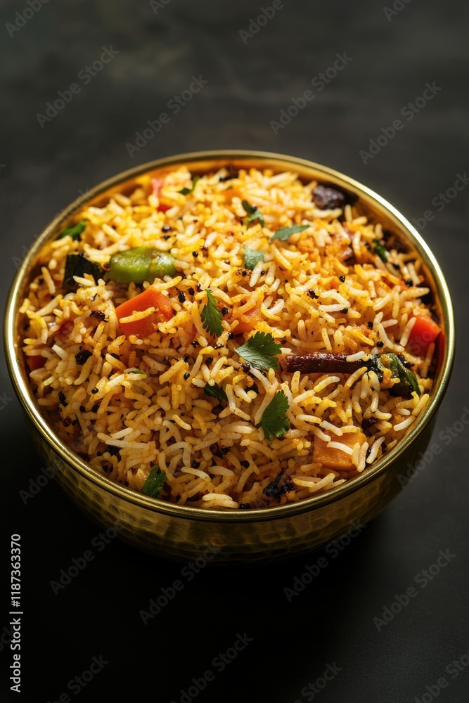 Bowl of rice with vegetables and meat. The bowl is gold and the rice is yellow. The bowl is on a black background Bowl of rice with vegetables and meat. The bowl is gold and the rice is yellow. The bowl is on a black background