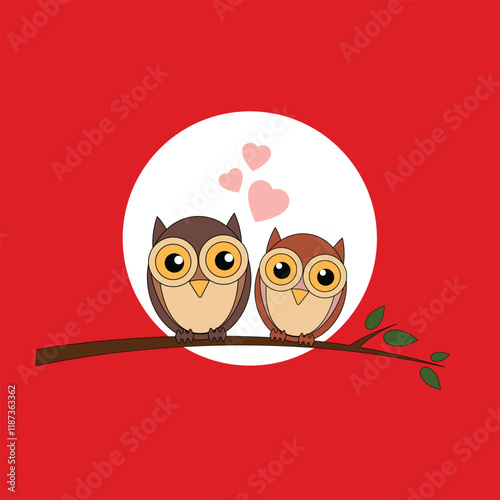 Be My Valentine! Valentine's Day card with cute flat owls. Vector illustration.
