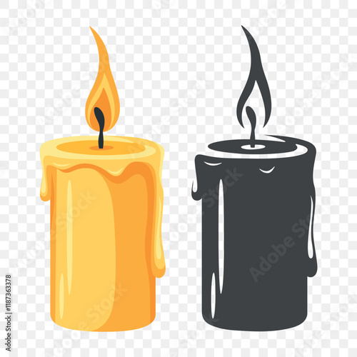 Flat Color and Silhouette Monochrome Candle Icon Set. Burning Candle Fire Icons. Christmas Holiday Decoration. Candle Animation Design Elements, Isolated