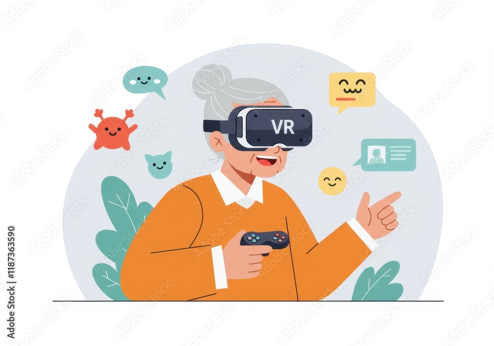 Elderly woman enjoying virtual reality gaming experience with headset and controller Elderly woman enjoying virtual reality gaming experience with headset and controller