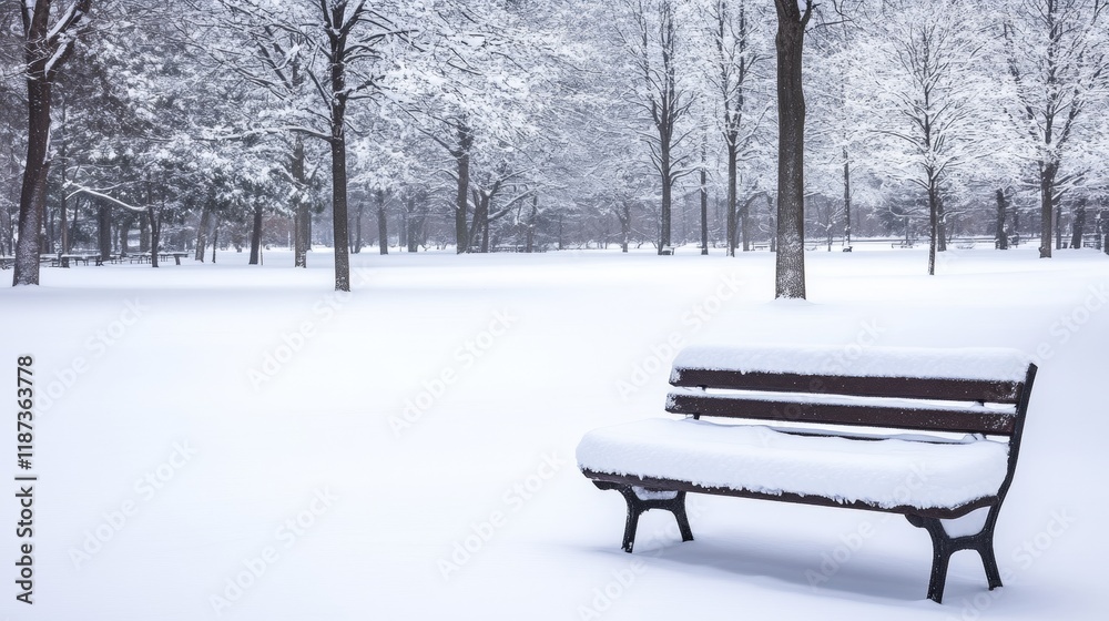 A snow-covered bench stands in a calm winter park, with trees cloaked in white. The peaceful setting invites visitors to enjoy the beauty of the season A snow-covered bench stands in a calm winter park, with trees cloaked in white. The peaceful setting invites visitors to enjoy the beauty of the season
