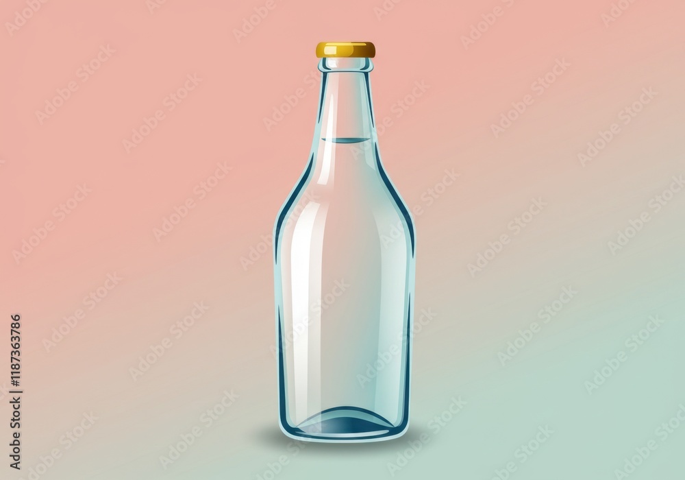 Transparent glass bottle with yellow cap against soft pastel gradient background Transparent glass bottle with yellow cap against soft pastel gradient background