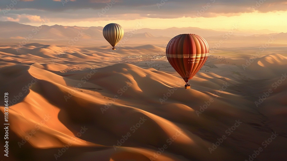 Two hot air balloons float in the sky above a desert of sand dunes and a distant mountain range Two hot air balloons float in the sky above a desert of sand dunes and a distant mountain range