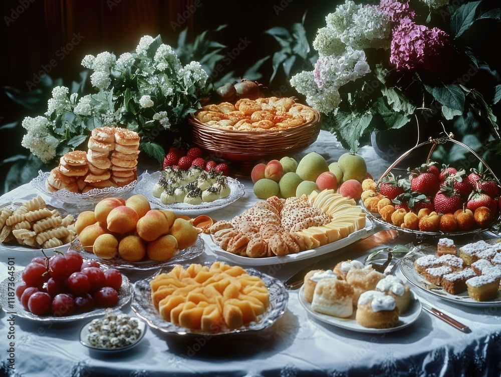 Table is covered with a variety of fruits and pastries, including apples, oranges, and strawberries Table is covered with a variety of fruits and pastries, including apples, oranges, and strawberries