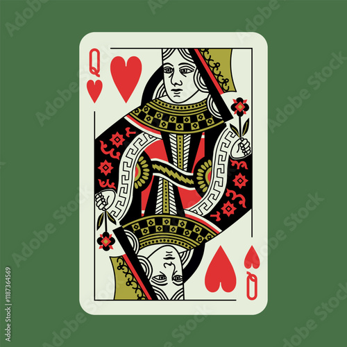 Queen Hearts suit playing card, vintage classic vintage design, vector card, isolated on poker green background.