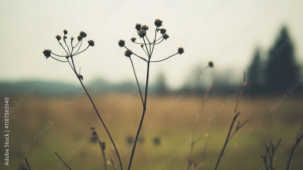 Two dried plants stand tall in a misty field. Two dried plants stand tall in a misty field.