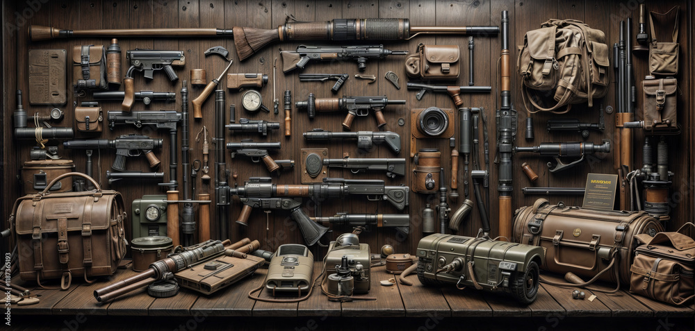 A collection of military equipment and firearms is organized on wooden shelves, showcasing tools, bags, and weaponry typical of a tactical or outdoor setting A collection of military equipment and firearms is organized on wooden shelves, showcasing tools, bags, and weaponry typical of a tactical or outdoor setting
