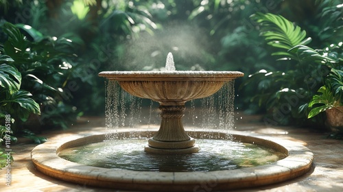 Serene garden fountain with lush tropical foliage.