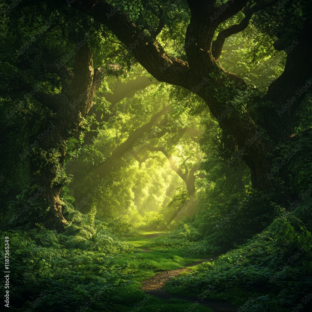 Beautiful green forest with old oak trees and sunlight. Nature background Beautiful green forest with old oak trees and sunlight. Nature background