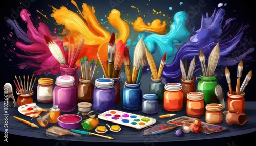 Vibrant Palette of Painting Items Accented with Rich Textures and Colors in a WellStocked Art Studio, Showcasing a Variety of Brushes, Canvas, Palettes, and Paint Tubes. photo